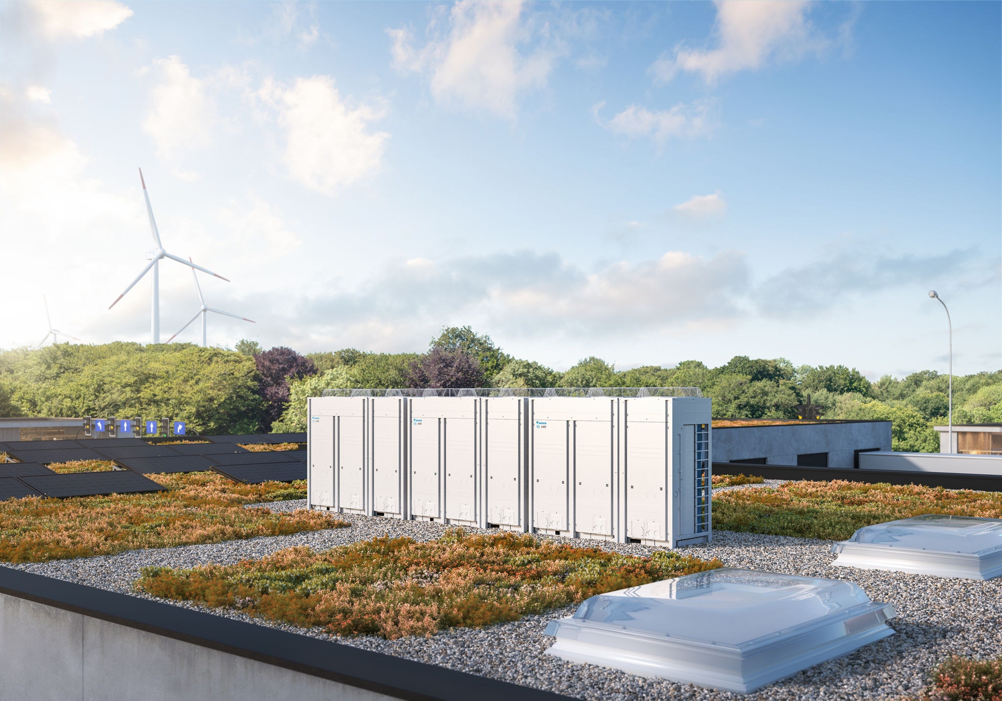 Exemplo de instalação na cobertura de um edifício, de solução VRV com fluido frigorigéneo R-744 (CO2)