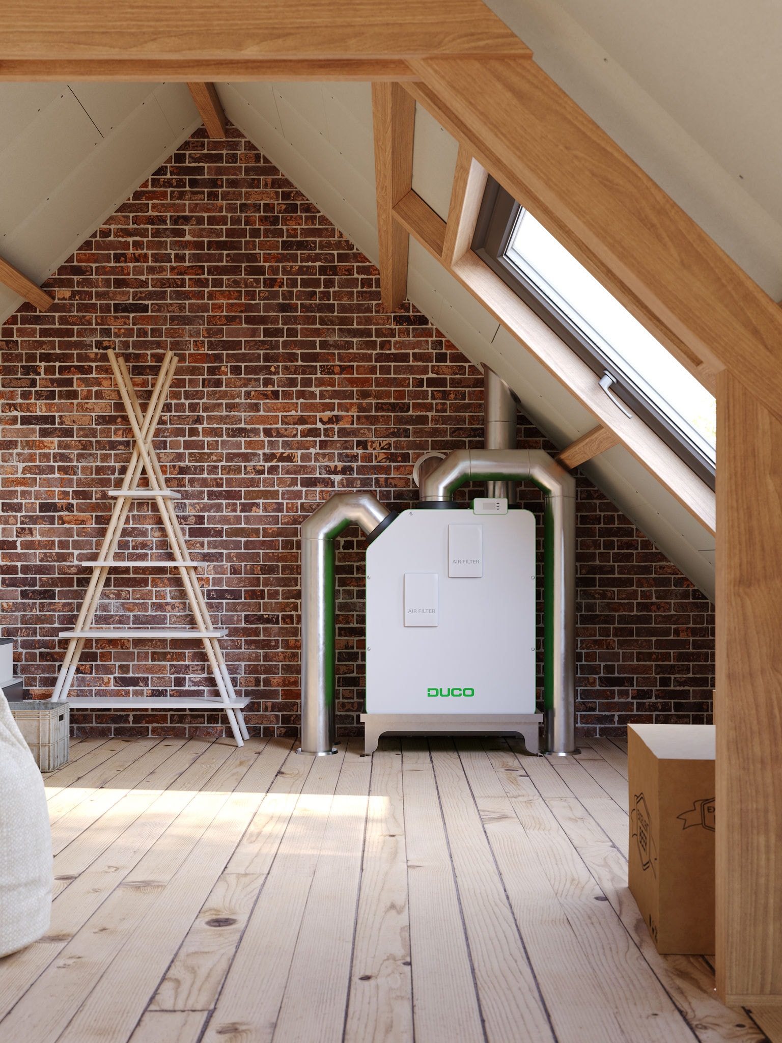 Sistema de ventilação DucoBox Energy Premium instalado num quarto em sótão, mostrando uma solução de ventilação para melhorar a qualidade do ar interior e reduzir os riscos de bolor.