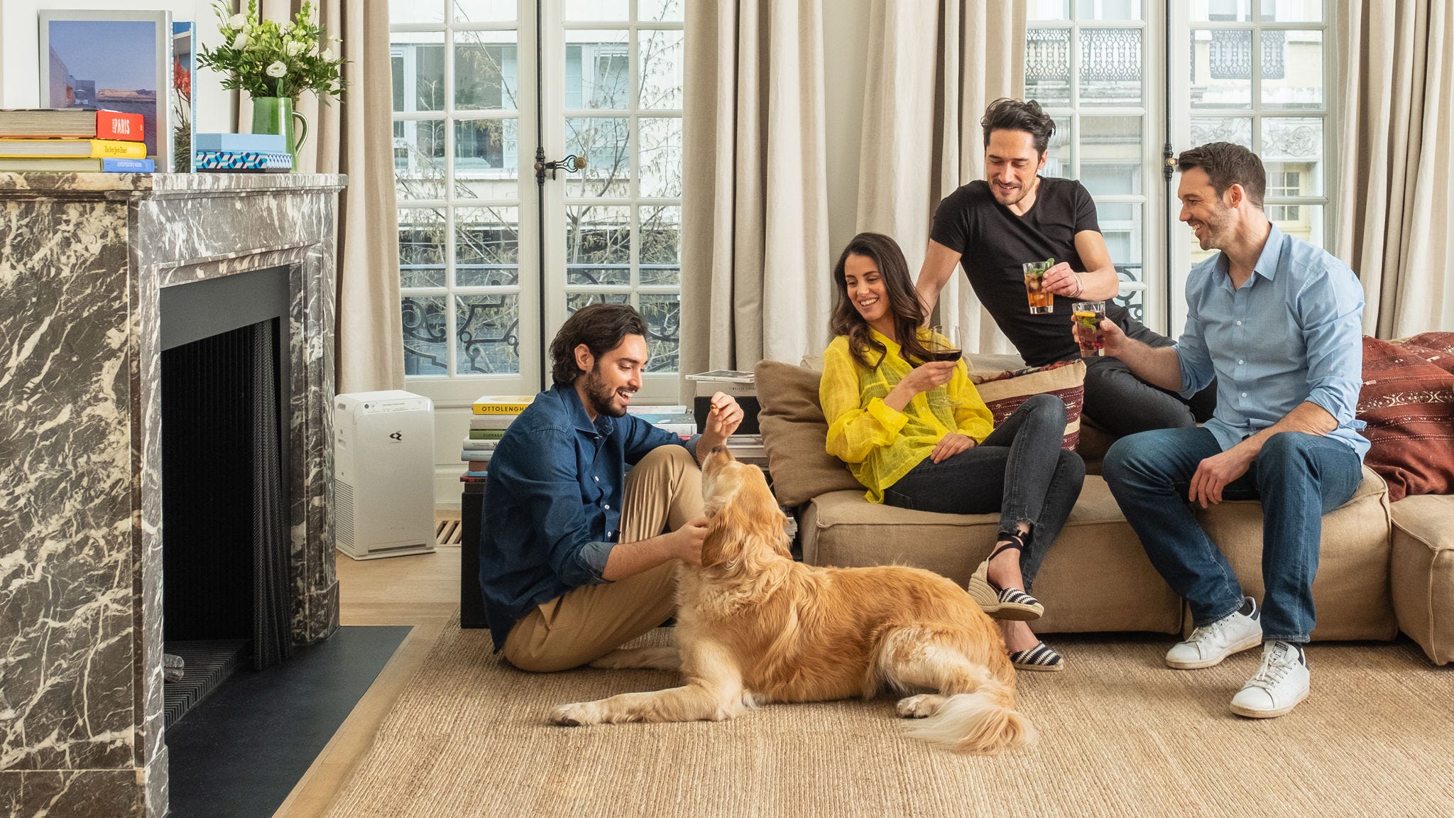 Purificador de ar a reduzir a pele descamada de animais de estimação numa sala de estar com um cão
