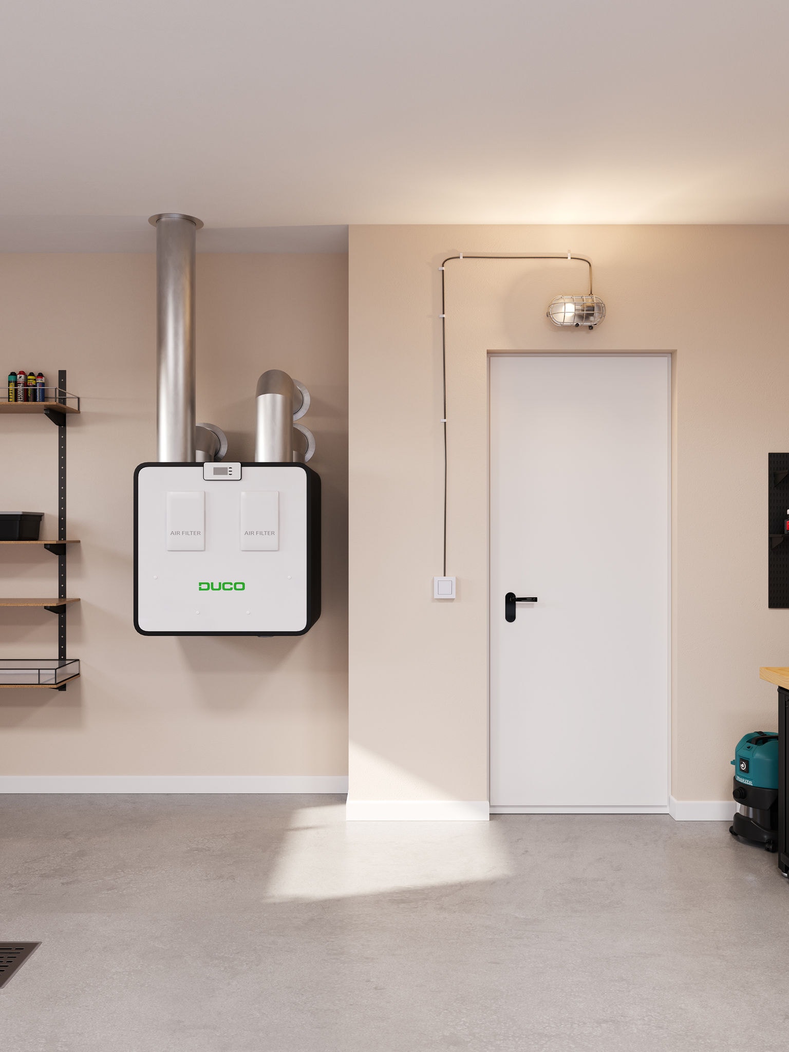 Sistema de ventilação DucoBox Energy Premium instalado numa sala de estar, demonstrando a ventilação doméstica como solução para melhorar a circulação do ar e reduzir a humidade.
