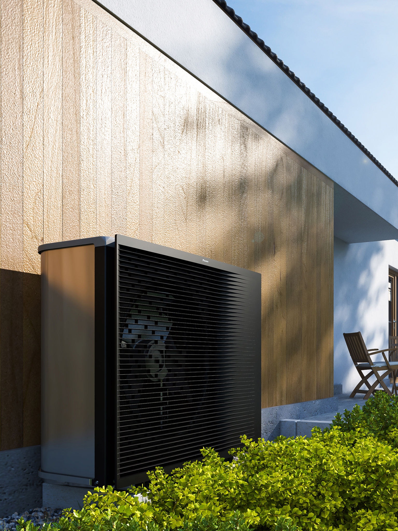 Bomba de calor Daikin instalada no exterior de uma moradia